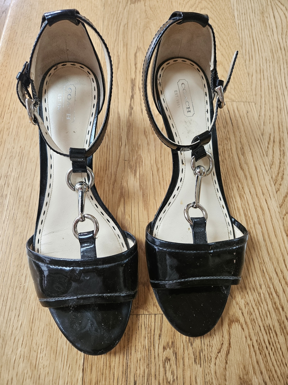 Coach Black Patent Leather T-Strap Heels with Silver Hardware